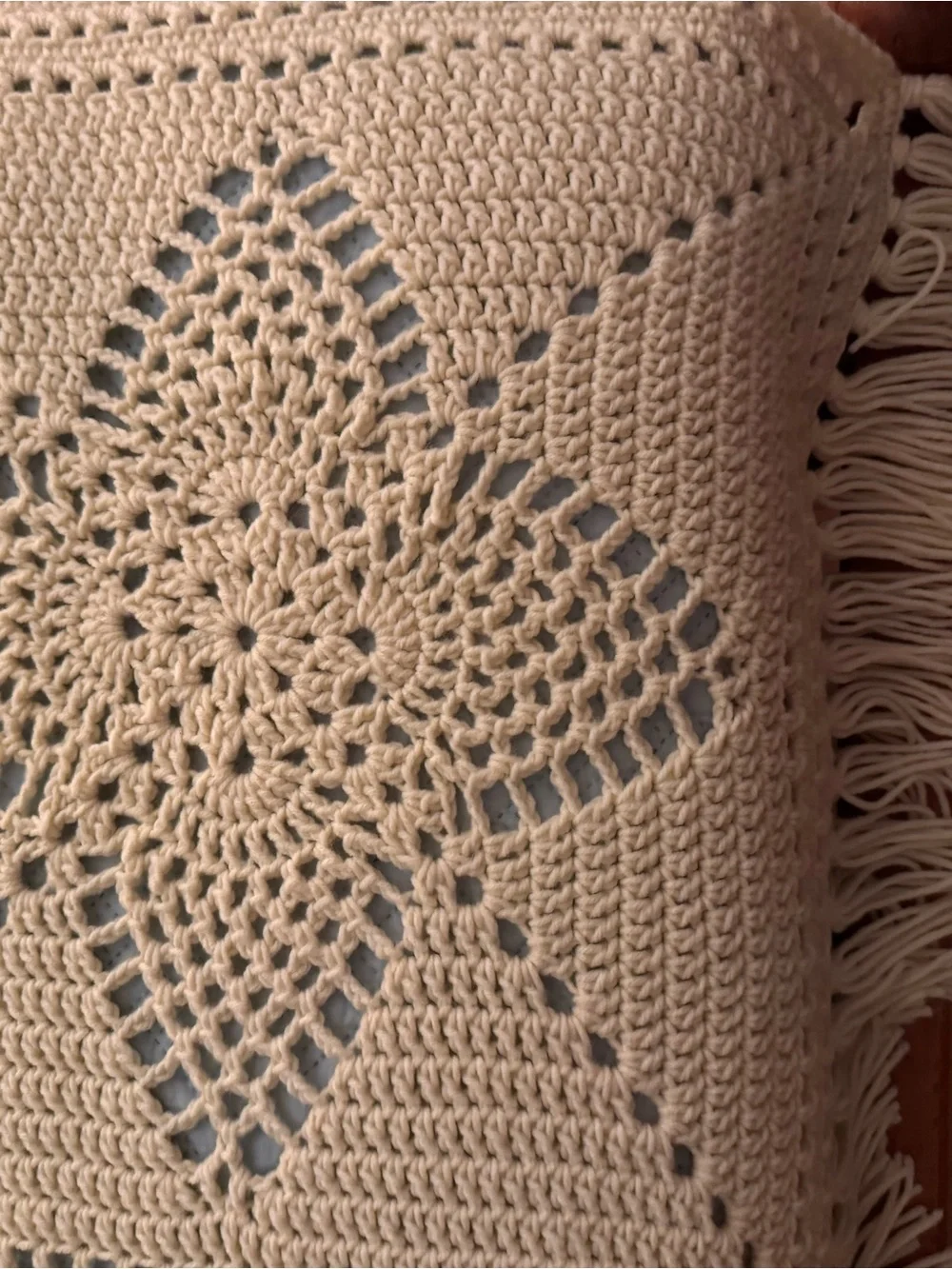 Handmade Crochet Star Throw Blanket - Cream Fringe
